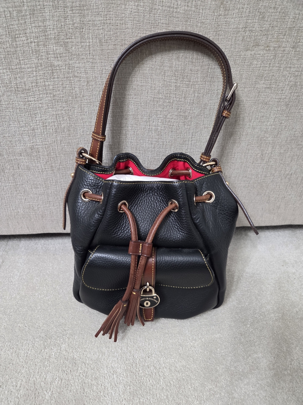 Dooney & Bourke Black Pebbled Leather Drawstring Hobo with Brown Trim